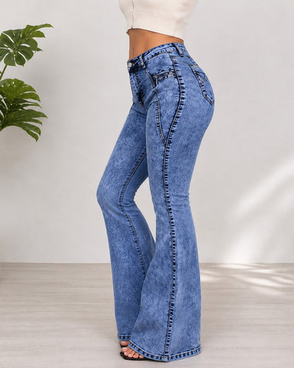 High Waist Stretch With Pockets Flared Washed Jeans