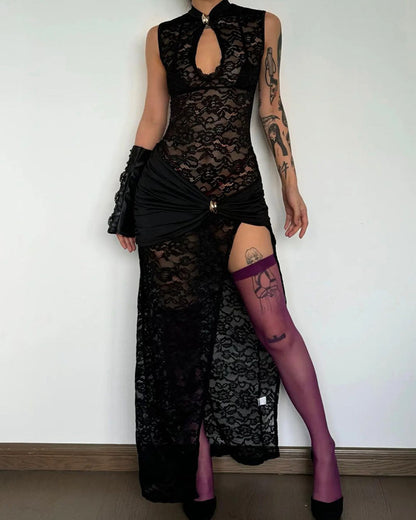 Sexy Lace Hollow-out High-slit Bodycon Sleeveless Dress