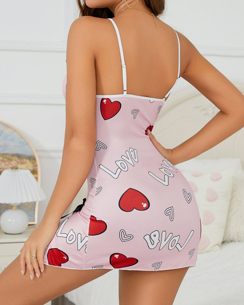 Valentine's Day Heart-themed Letter Print Lace-Trimmed Slit Short Nightgown