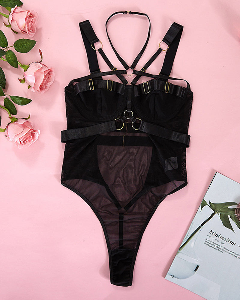 Sexy Criss-cross Halter Neck Mesh Breathable Bodycon Lingerie Bodysuit