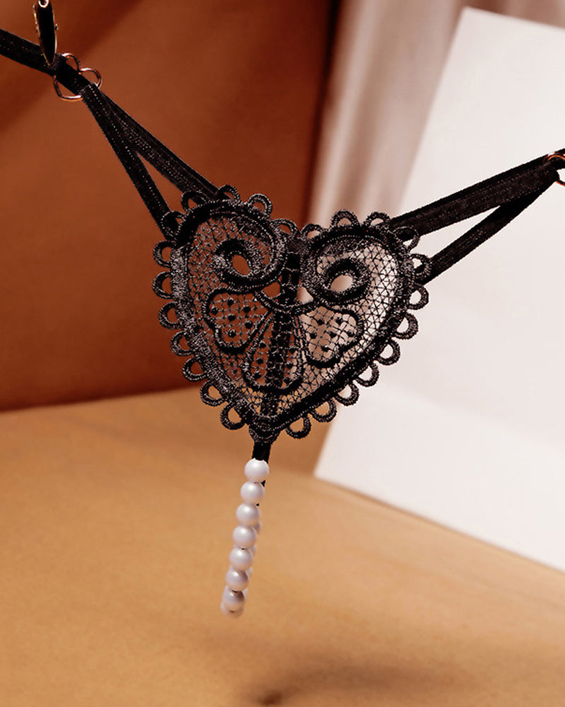 Sexy Heart-Shaped Lace Flower Pearl Embellished Thong