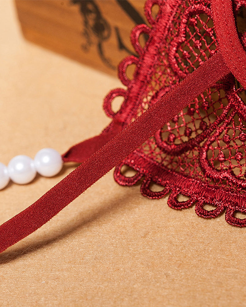 Sexy Heart-Shaped Lace Flower Pearl Embellished Thong