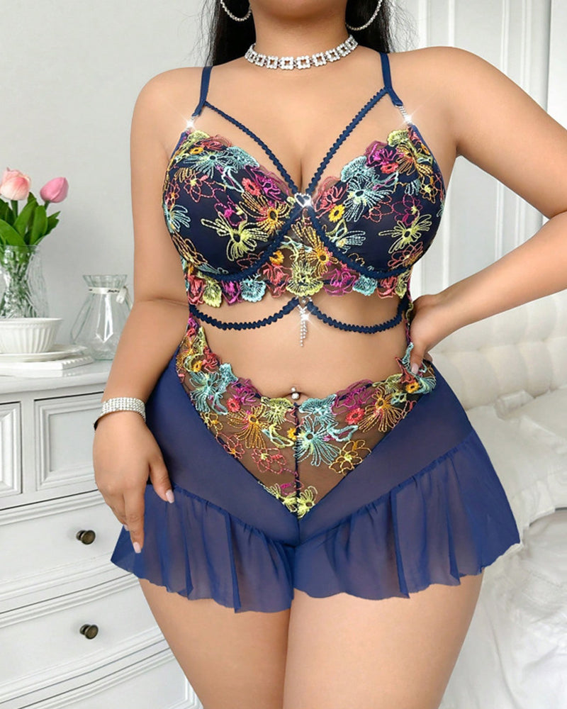Sexy Semi Transparent Mesh Colorful Floral Embroidery Bodysuit