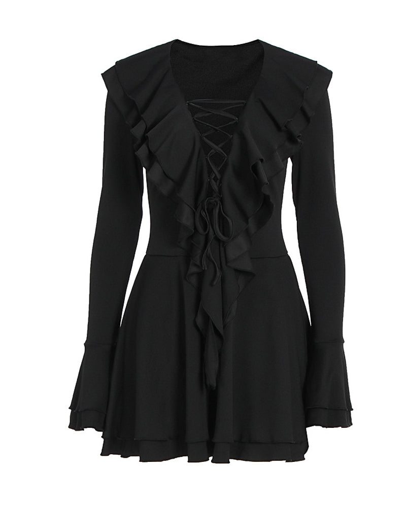 Stylish V Neck Slim-fit Tie-up Ruffle Bell Sleeve Dress