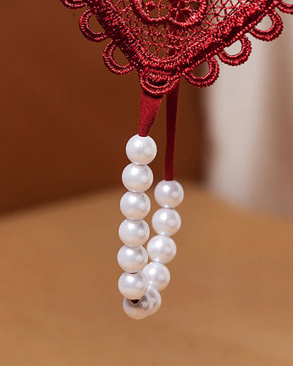 Sexy Heart-Shaped Lace Flower Pearl Embellished Thong