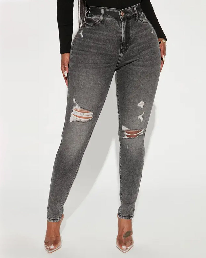 Washed High-stretch Tight-fitting Ripped Skinny Jeans
